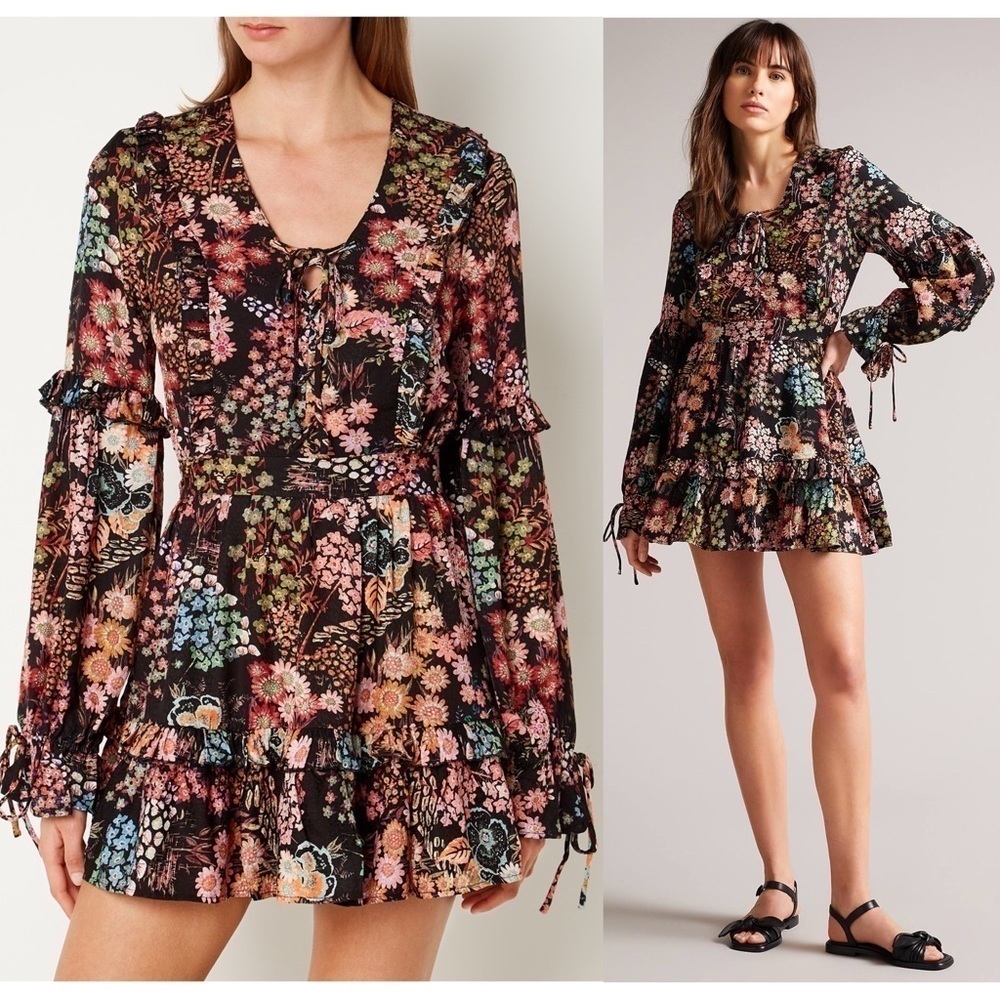 NWT TED BAKER 60s Floral Tie Neck Puffed Long Bell Sleeve Ruffle Tiered Dress 4